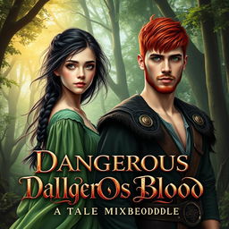 A captivating fantasy book cover for 'Dangerous Blood: A Tale of Mixed Bloodline' featuring a naive 16-year-old girl with long, messily braided black hair and expressive hazel eyes