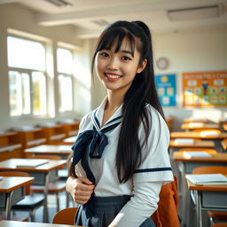 A beautiful Chinese student girl in a classroom setting, wearing a stylish school uniform that emphasizes her curves