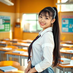 A beautiful Chinese student girl in a classroom setting, wearing a stylish school uniform that emphasizes her curves