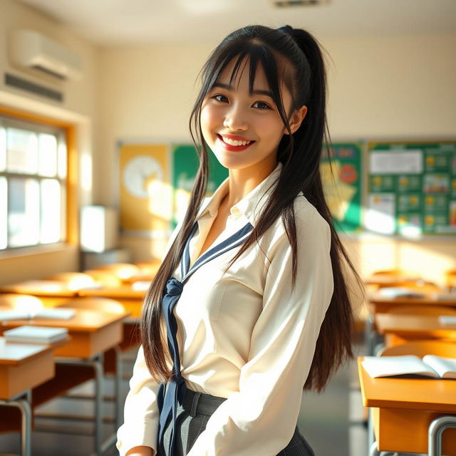 A beautiful Chinese student girl in a classroom setting, wearing a stylish school uniform that emphasizes her curves