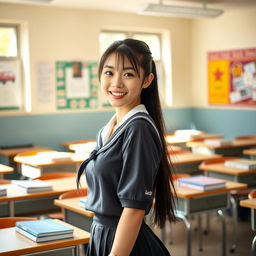 A beautiful Chinese student girl in a classroom setting, wearing a stylish school uniform that emphasizes her curves