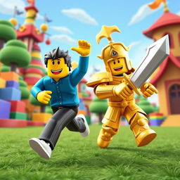 A vibrant and playful scene depicting a Roblox noob character with a classic blue shirt and yellow face, comically running away in a dynamic pose, while being chased by a wealthy Roblox character, adorned in extravagant golden armor and wielding a shiny sword