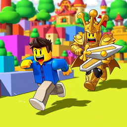 A vibrant and playful scene depicting a Roblox noob character with a classic blue shirt and yellow face, comically running away in a dynamic pose, while being chased by a wealthy Roblox character, adorned in extravagant golden armor and wielding a shiny sword