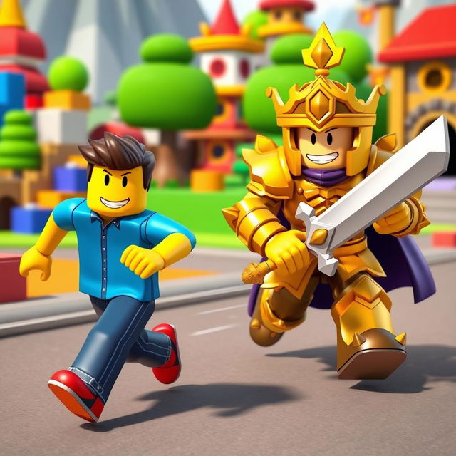 A vibrant and playful scene depicting a Roblox noob character with a classic blue shirt and yellow face, comically running away in a dynamic pose, while being chased by a wealthy Roblox character, adorned in extravagant golden armor and wielding a shiny sword