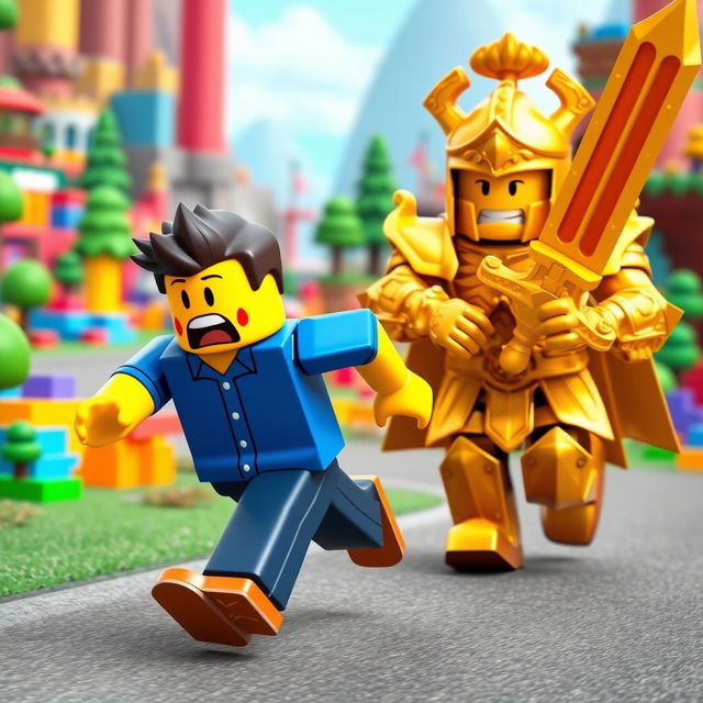 A whimsical scene featuring a scared Roblox noob character, with a classic blue shirt and exaggerated fear on its yellow face, darting away in a frantic pose