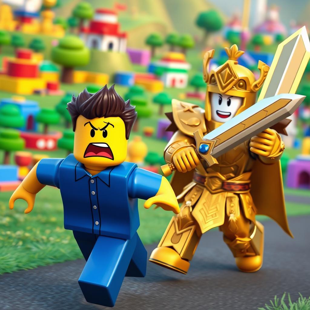 A whimsical scene featuring a scared Roblox noob character, with a classic blue shirt and exaggerated fear on its yellow face, darting away in a frantic pose