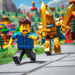 A whimsical scene featuring a scared Roblox noob character, with a classic blue shirt and exaggerated fear on its yellow face, darting away in a frantic pose