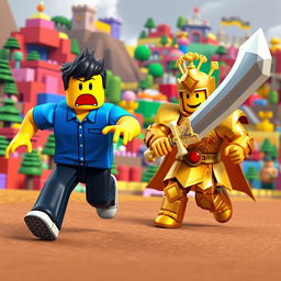 A whimsical scene featuring a scared Roblox noob character, with a classic blue shirt and exaggerated fear on its yellow face, darting away in a frantic pose