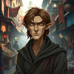 A slim and sinister merchant wizard character from the Forgotten Realms, depicted as an Aasimar with a slight mystical glow around his eyes
