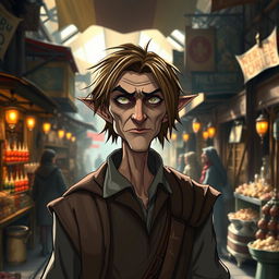 A slim and sinister merchant wizard character from the Forgotten Realms, depicted as an Aasimar with a slight mystical glow around his eyes