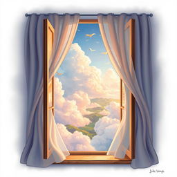 An enchanting A5 illustration for the work titled 'Mimpi' by Luke Van John, featuring an open window with flowing, ethereal curtains that adds a dreamy and whimsical quality to the scene