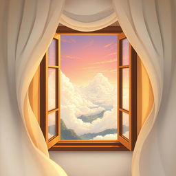 An enchanting A5 illustration for the work titled 'Mimpi' by Luke Van John, featuring an open window with flowing, ethereal curtains that adds a dreamy and whimsical quality to the scene