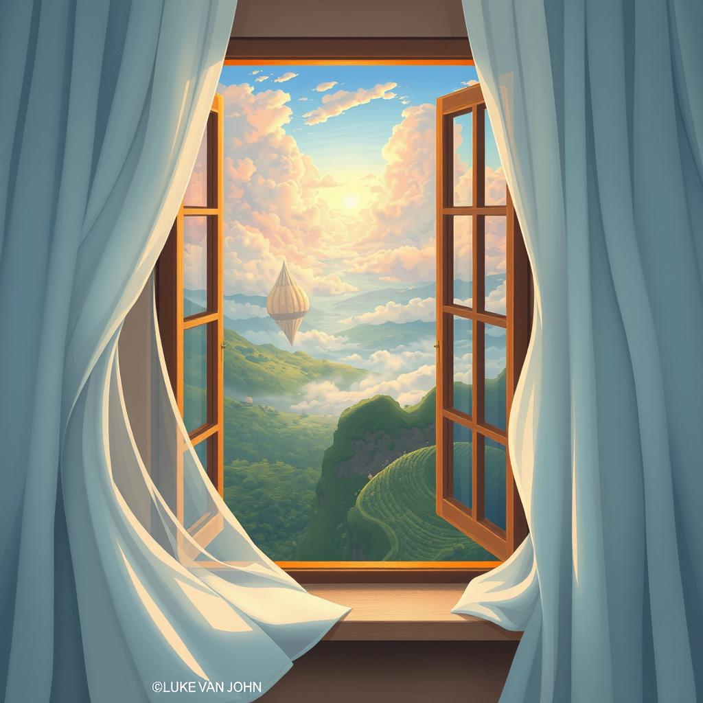 An enchanting A5 illustration for the work titled 'Mimpi' by Luke Van John, featuring an open window with flowing, ethereal curtains that adds a dreamy and whimsical quality to the scene