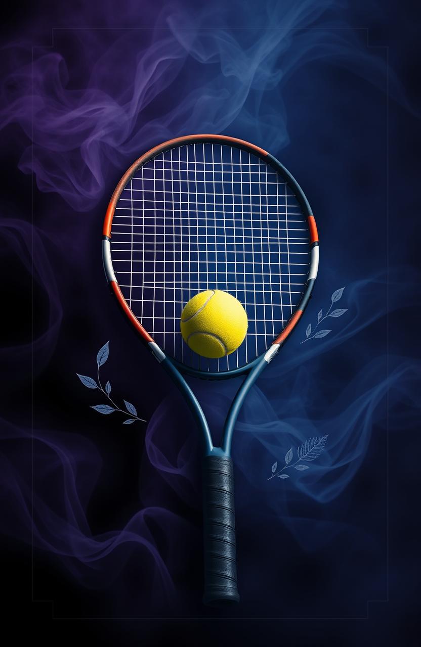 A captivating book cover design featuring a prominently displayed tennis racket and a tennis ball, set against a mysterious backdrop with swirling darker tones of purple, blue, and black