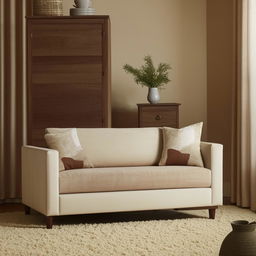 Generate an image of furniture set in cream and brown tones, featuring a balance of both colors.