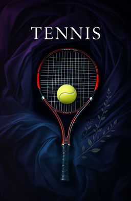 A captivating book cover design featuring a prominently displayed tennis racket and a tennis ball, set against a mysterious backdrop with swirling darker tones of purple, blue, and black