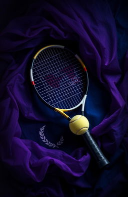 A captivating book cover design featuring a prominently displayed tennis racket and a tennis ball, set against a mysterious backdrop with swirling darker tones of purple, blue, and black
