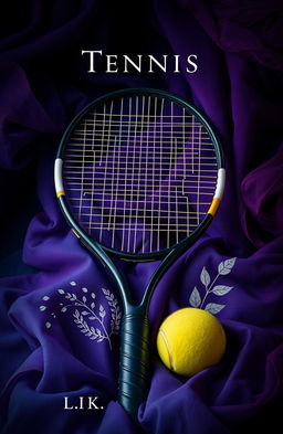 A captivating book cover design featuring a prominently displayed tennis racket and a tennis ball, set against a mysterious backdrop with swirling darker tones of purple, blue, and black