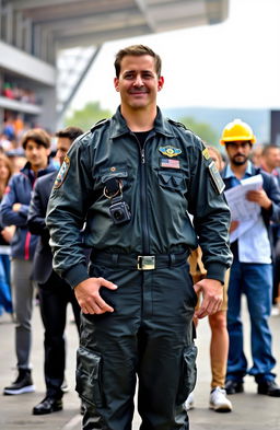 A confident fighter pilot in a flight suit stands proudly in front of a diverse group of 5 or 6 individuals, each representing different fields: a sporty figure in athletic wear, a corporate executive in a sharp suit, a tech visionary in casual attire with gadgets, a medical professional in scrubs, and an engineer with a hard hat and blueprint, all showcasing their unique traits and values
