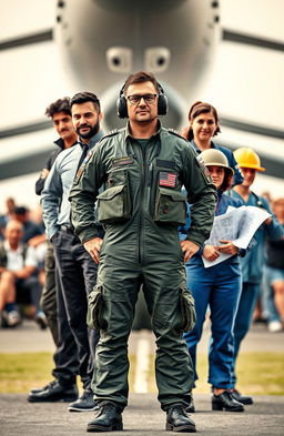 A confident fighter pilot in a flight suit stands proudly in front of a diverse group of 5 or 6 individuals, each representing different fields: a sporty figure in athletic wear, a corporate executive in a sharp suit, a tech visionary in casual attire with gadgets, a medical professional in scrubs, and an engineer with a hard hat and blueprint, all showcasing their unique traits and values