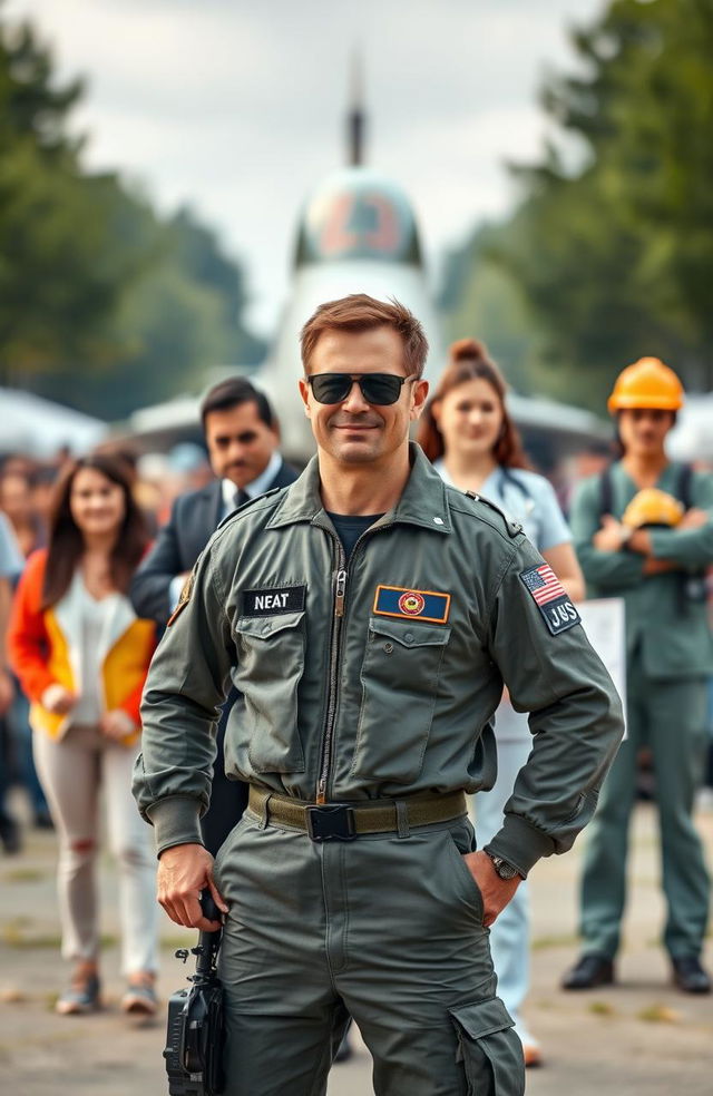 A confident fighter pilot in a flight suit stands proudly in front of a diverse group of 5 or 6 individuals, each representing different fields: a sporty figure in athletic wear, a corporate executive in a sharp suit, a tech visionary in casual attire with gadgets, a medical professional in scrubs, and an engineer with a hard hat and blueprint, all showcasing their unique traits and values