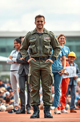 A confident fighter pilot in a flight suit stands proudly in front of a diverse group of 5 or 6 individuals, each representing different fields: a sporty figure in athletic wear, a corporate executive in a sharp suit, a tech visionary in casual attire with gadgets, a medical professional in scrubs, and an engineer with a hard hat and blueprint, all showcasing their unique traits and values
