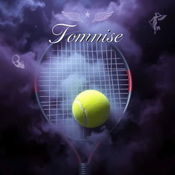A stunning book cover design centered around a tennis racket and a tennis ball, seamlessly integrated into a backdrop filled with mysterious colors such as deep purples, dark blues, and hints of silver