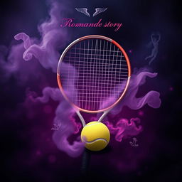 A stunning book cover design centered around a tennis racket and a tennis ball, seamlessly integrated into a backdrop filled with mysterious colors such as deep purples, dark blues, and hints of silver
