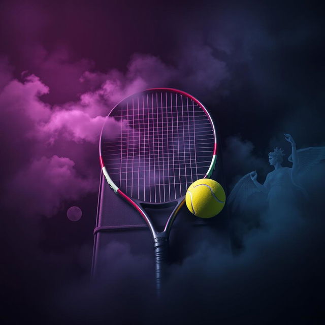 A stunning book cover design centered around a tennis racket and a tennis ball, seamlessly integrated into a backdrop filled with mysterious colors such as deep purples, dark blues, and hints of silver