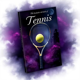 A stunning book cover design centered around a tennis racket and a tennis ball, seamlessly integrated into a backdrop filled with mysterious colors such as deep purples, dark blues, and hints of silver