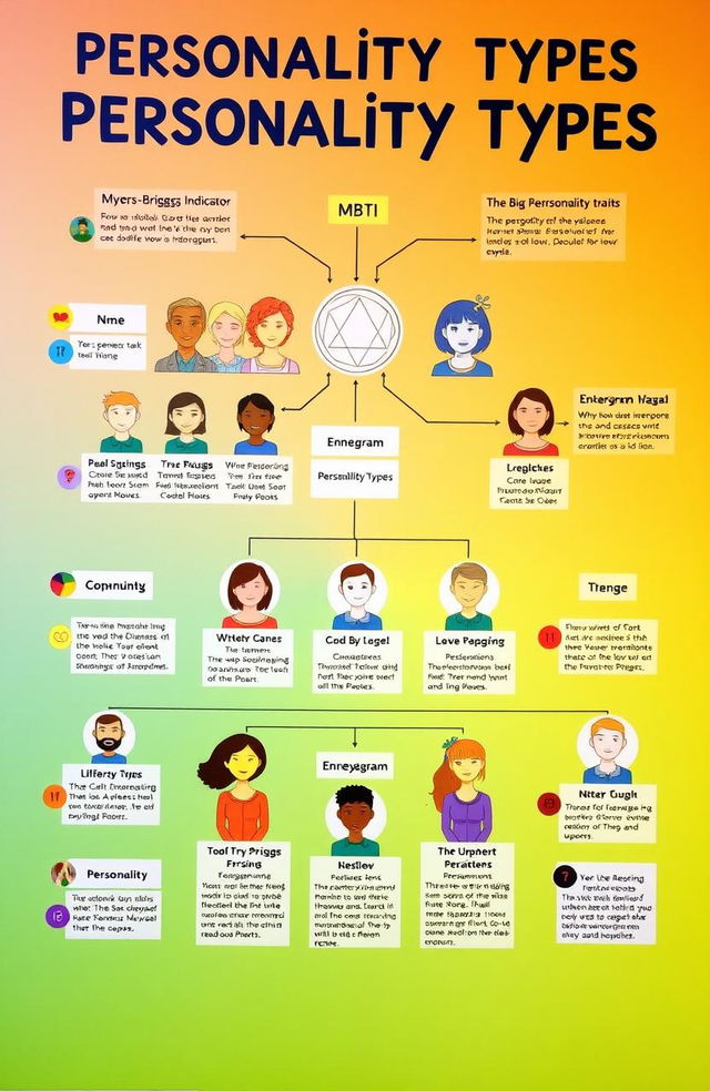 An informative, visually engaging representation of personality types and classifications, featuring a flowchart or diagram showcasing different personality models such as the Myers-Briggs Type Indicator (MBTI), the Big Five personality traits, and Enneagram types