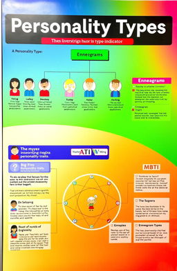 An informative, visually engaging representation of personality types and classifications, featuring a flowchart or diagram showcasing different personality models such as the Myers-Briggs Type Indicator (MBTI), the Big Five personality traits, and Enneagram types