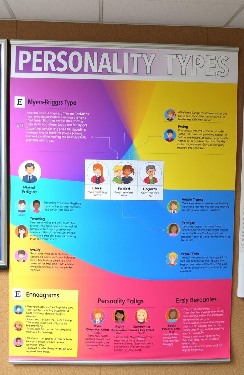 An informative, visually engaging representation of personality types and classifications, featuring a flowchart or diagram showcasing different personality models such as the Myers-Briggs Type Indicator (MBTI), the Big Five personality traits, and Enneagram types