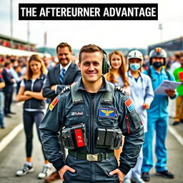 A confident fighter pilot in a flight suit stands proudly in front of a diverse group of 5 or 6 individuals, symbolizing various fields: an energetic athlete in sports attire, a corporate executive in a tailored suit, a tech innovator with smart gadgets, a healthcare professional in scrubs, and an engineer holding blueprints, each showcasing their unique attributes