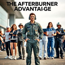 A confident fighter pilot in a flight suit stands proudly in front of a diverse group of 5 or 6 individuals, symbolizing various fields: an energetic athlete in sports attire, a corporate executive in a tailored suit, a tech innovator with smart gadgets, a healthcare professional in scrubs, and an engineer holding blueprints, each showcasing their unique attributes