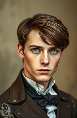 A stunning 1800's style portrait of a young man with straight brown hair and captivating green eyes, dressed in period-appropriate clothing, evocative of the early 19th century