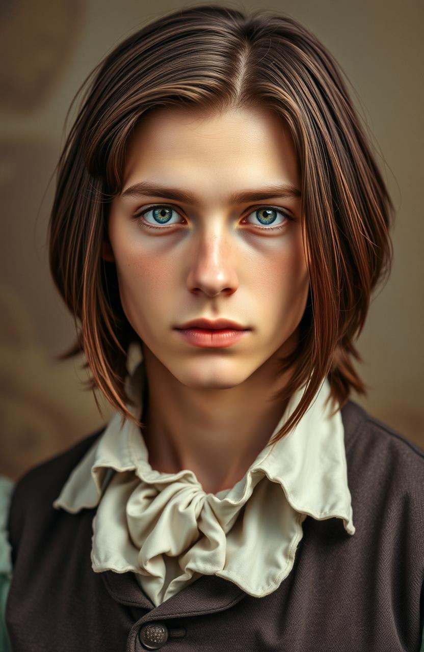 A stunning 1800's style portrait of a young man with straight brown hair and captivating green eyes, dressed in period-appropriate clothing, evocative of the early 19th century