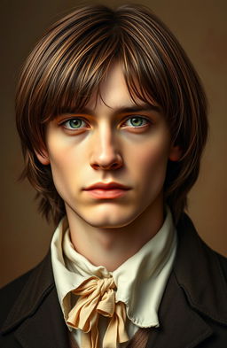 A stunning 1800's style portrait of a young man with straight brown hair and captivating green eyes, dressed in period-appropriate clothing, evocative of the early 19th century