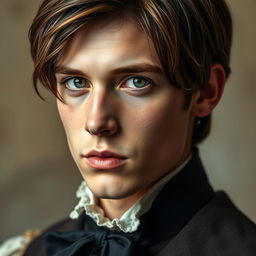 A captivating 1800's style portrait of a 20-year-old man with straight brown hair and striking green eyes, adorned in elegant period clothing that reflects the fashion of the early 19th century