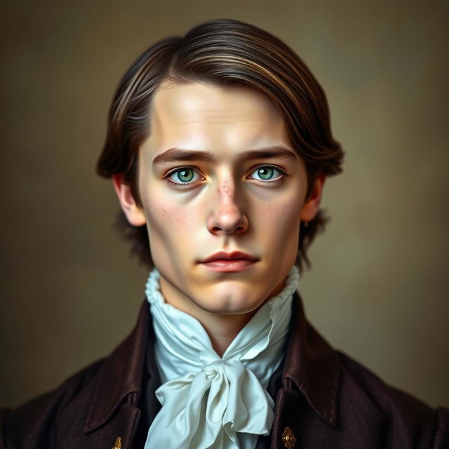 A captivating 1800's style portrait of a 20-year-old man with straight brown hair and striking green eyes, adorned in elegant period clothing that reflects the fashion of the early 19th century