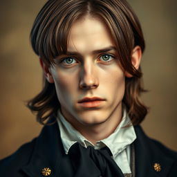 A captivating 1800's style portrait of a 20-year-old man with straight brown hair and striking green eyes, adorned in elegant period clothing that reflects the fashion of the early 19th century