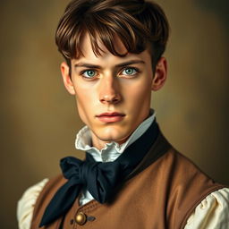 A captivating 1800's style portrait of a 20-year-old man with straight brown hair and striking green eyes, adorned in elegant period clothing that reflects the fashion of the early 19th century