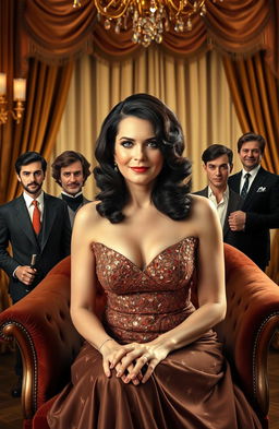A glamorous portrait of a sophisticated middle-aged woman with long wavy dark hair, wearing a shimmering vintage gown, reminiscent of Old Hollywood
