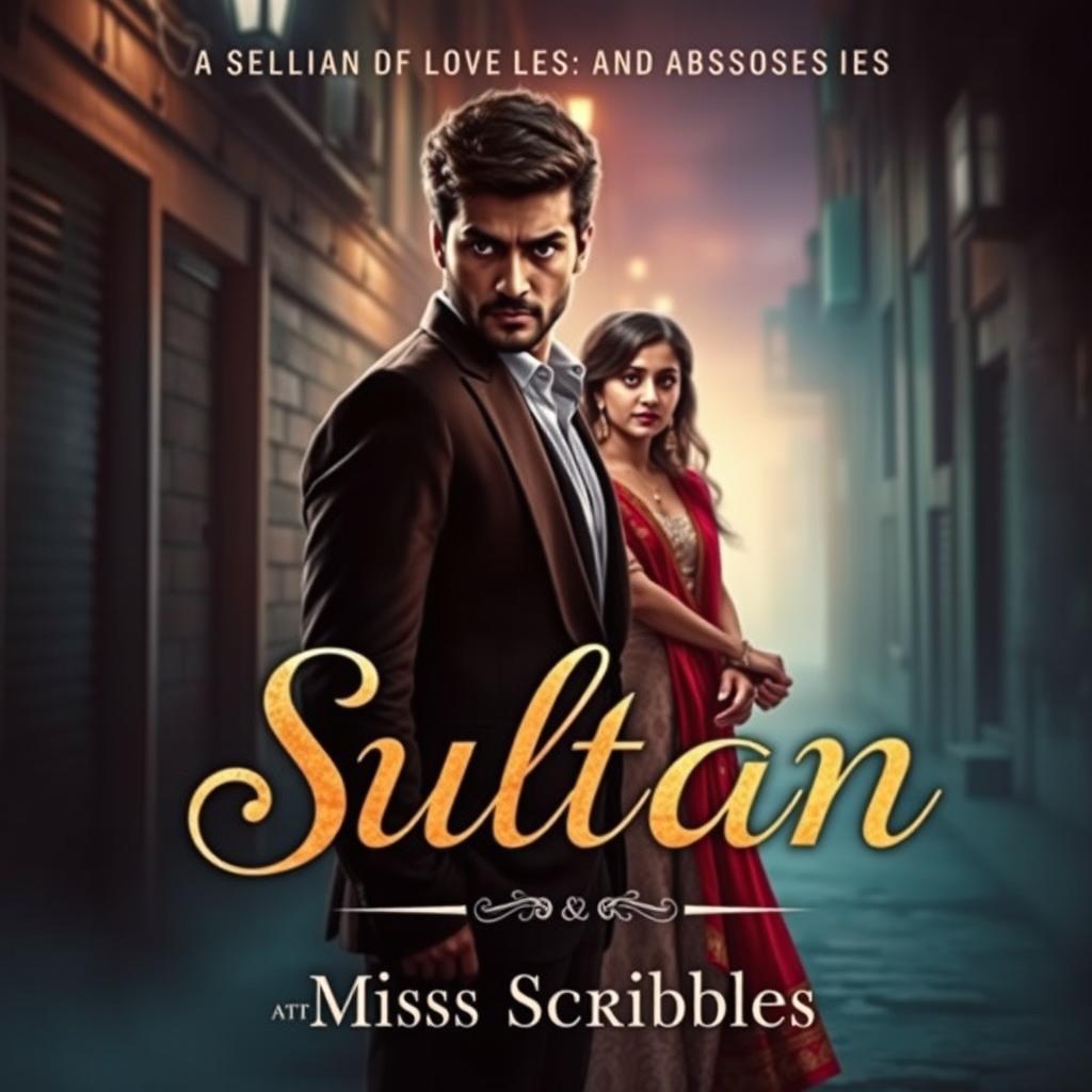 A captivating book cover for an Indian romance novel titled 'Sultan', featuring a brooding mafia character named Sultan and a sweet, innocent girl named Mishti