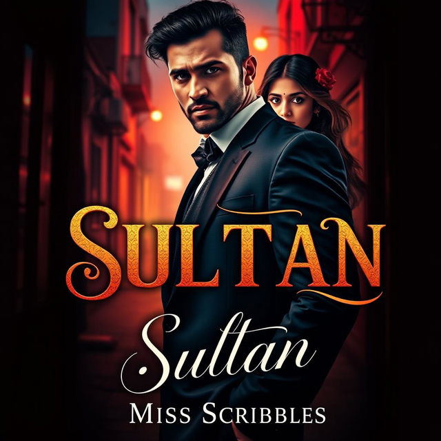 A captivating book cover for an Indian romance novel titled 'Sultan', featuring a brooding mafia character named Sultan and a sweet, innocent girl named Mishti