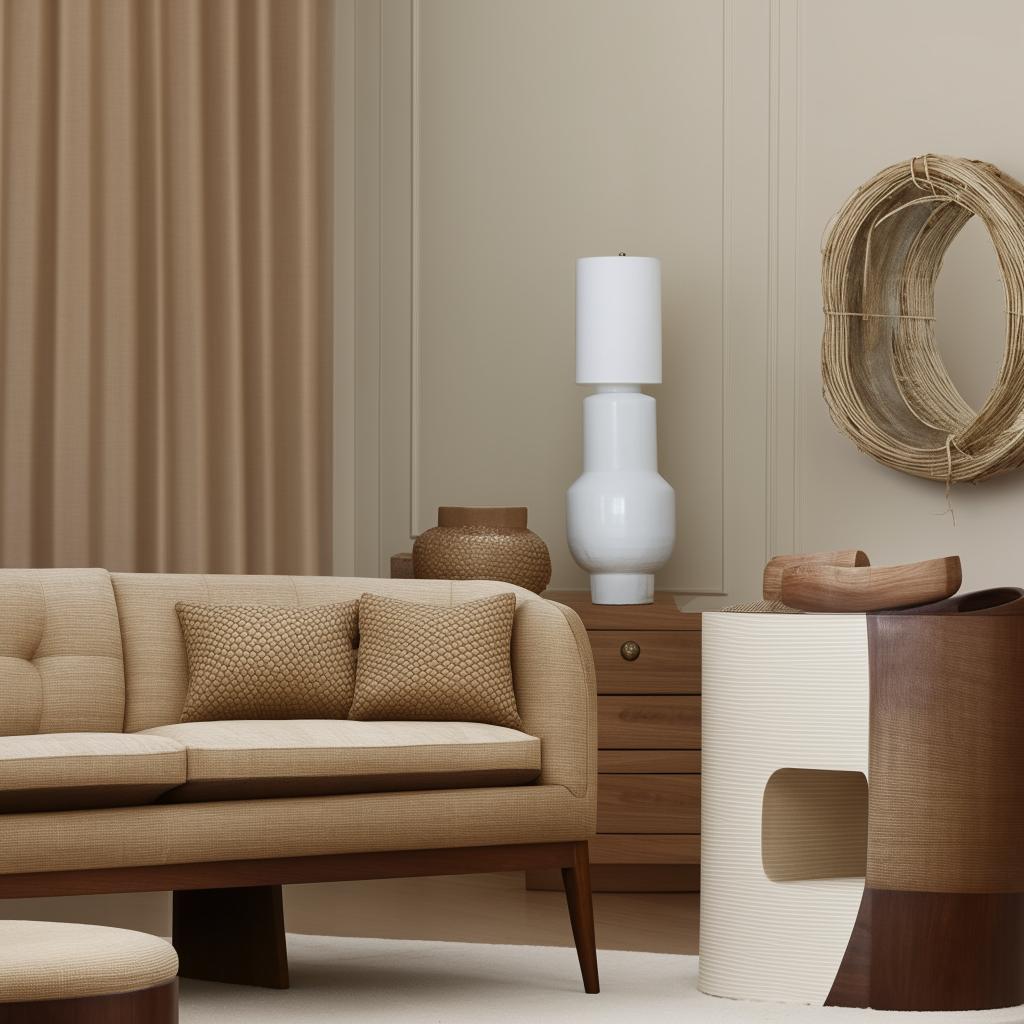 Generate an image of furniture set in cream and brown tones, featuring a balance of both colors.