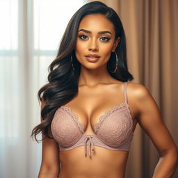 A stylish and elegant portrait of a woman wearing a trendy and fashionable bra, showcasing intricate lace details and a beautiful color that complements her skin tone