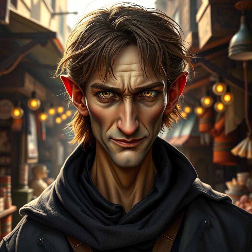 A highly realistic portrayal of a slim and sinister merchant wizard character from the Forgotten Realms, depicted as an Aasimar with a subtle glow around his piercing eyes