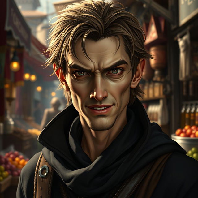 A highly realistic portrayal of a slim and sinister merchant wizard character from the Forgotten Realms, depicted as an Aasimar with a subtle glow around his piercing eyes