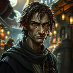 A highly realistic portrayal of a slim and sinister merchant wizard character from the Forgotten Realms, depicted as an Aasimar with a subtle glow around his piercing eyes